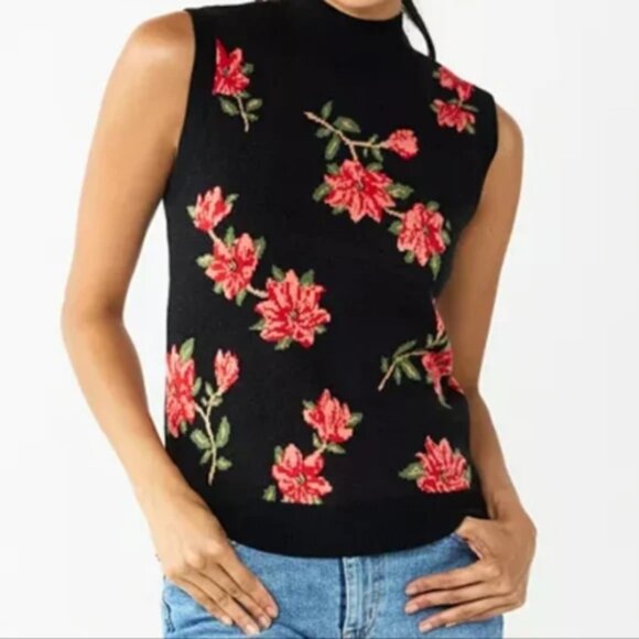 Draper James Sleeveless Sweater Vest Black Red Floral Holiday Vest Medium - Picture 1 of 5